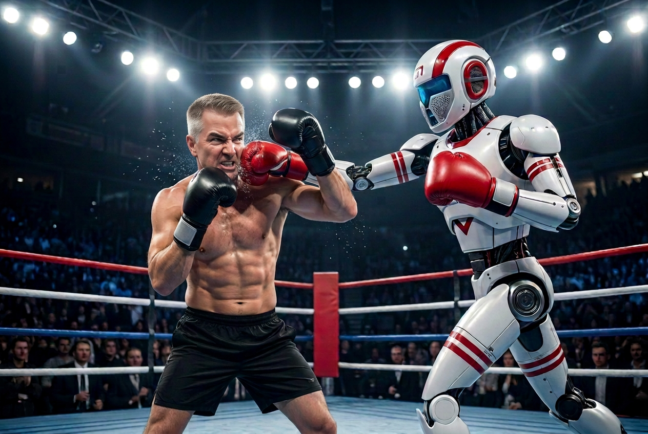 AI-generated image of Eric Kern taking a punch to the chin from a large humanoid boxing robot in a boxing ring