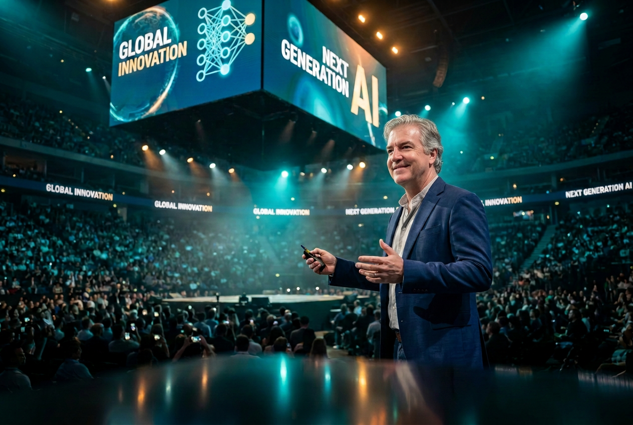 AI-generated image of Eric Kern giving a keynote to a large arena audience