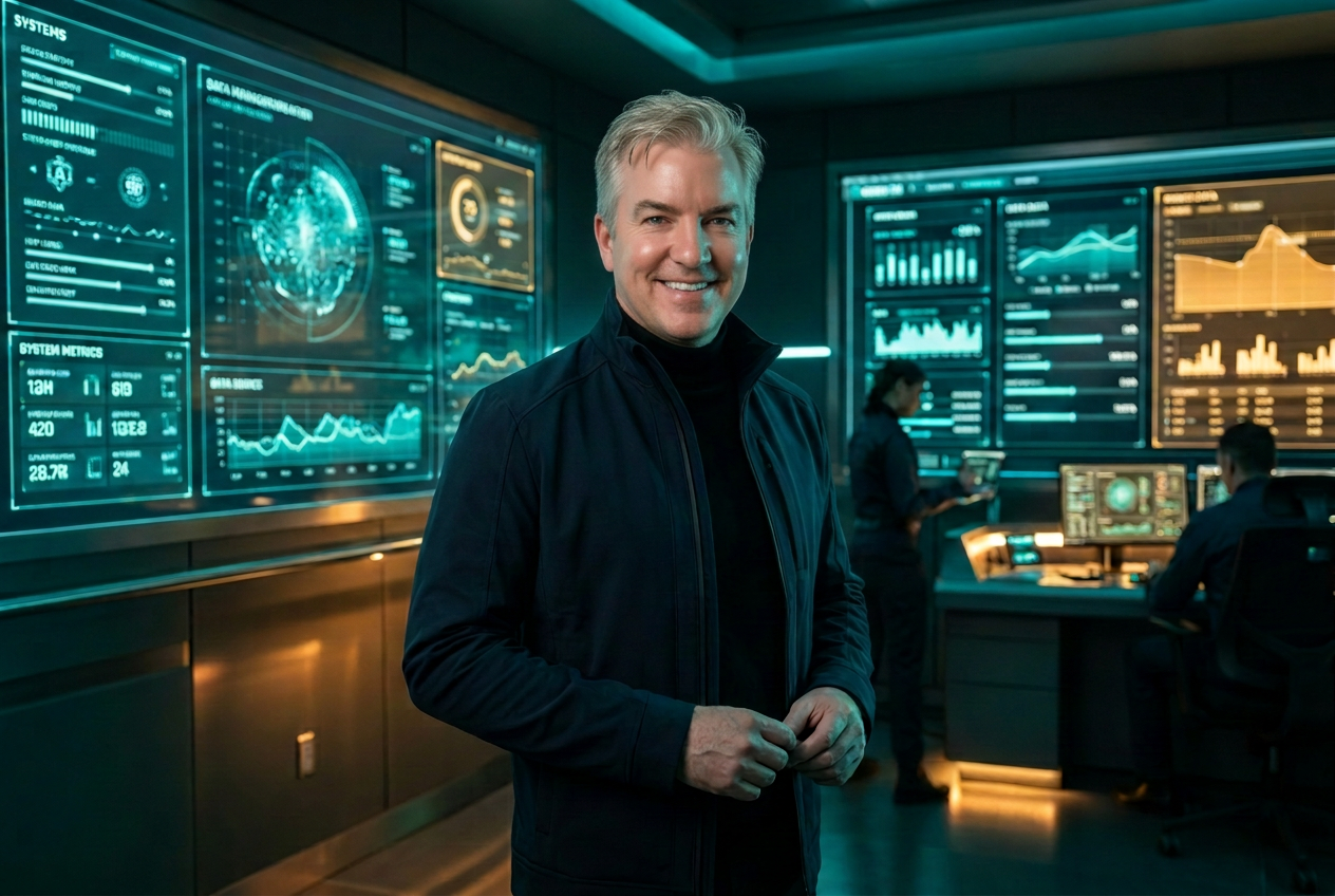 AI-generated image of Eric Kern in a futuristic command center
