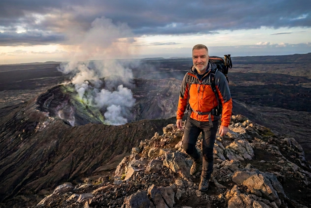 AI-generated image of Eric Kern hiking along the rim of a steaming volcano