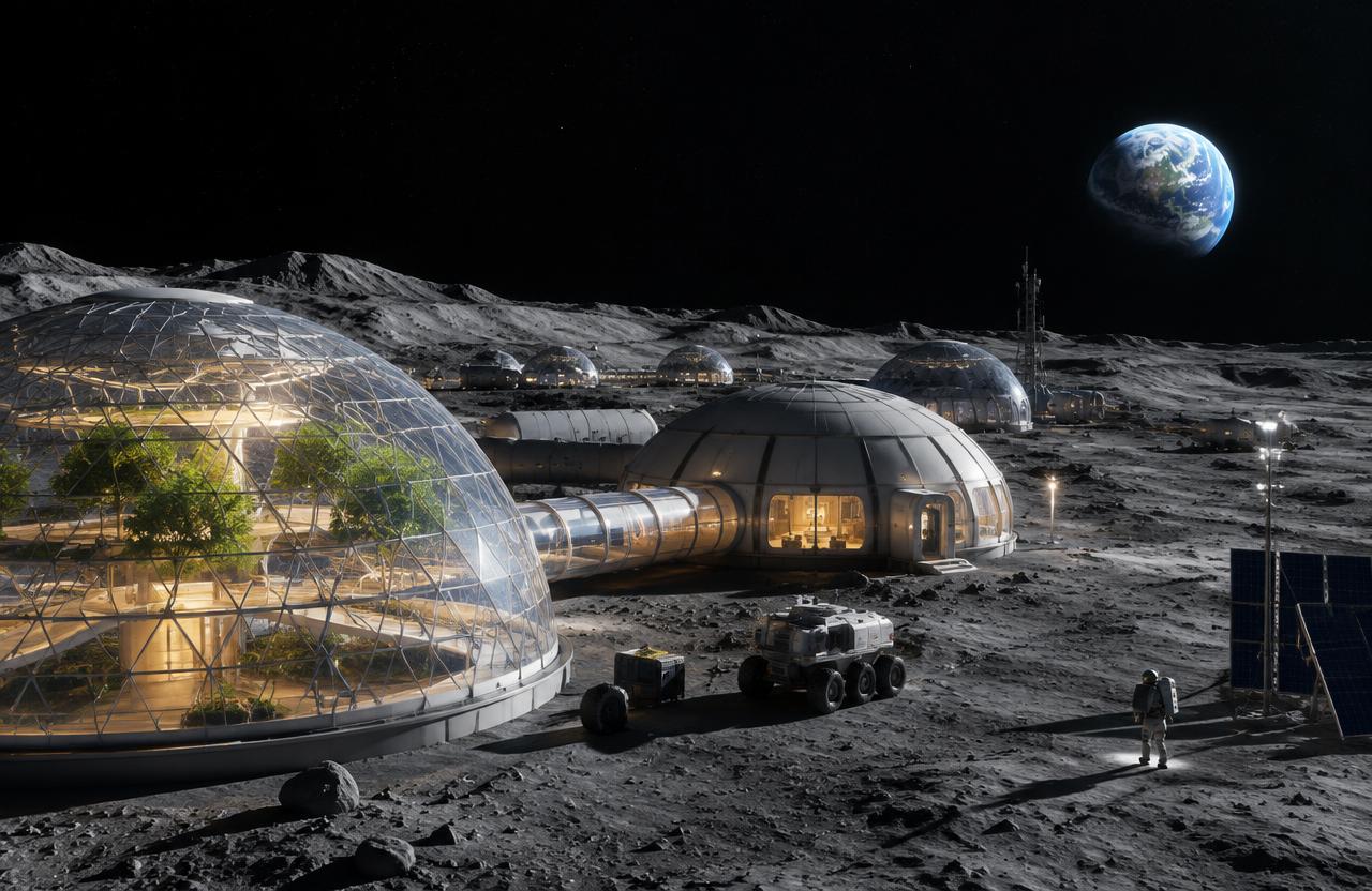 Moon colony domes with Earth rising on the horizon