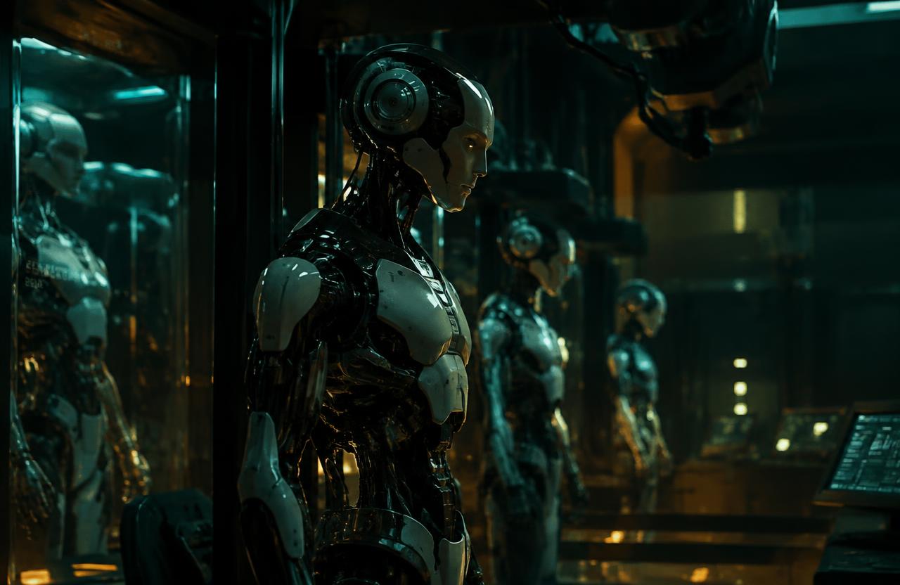 Humanoid robots in a dark high-tech laboratory
