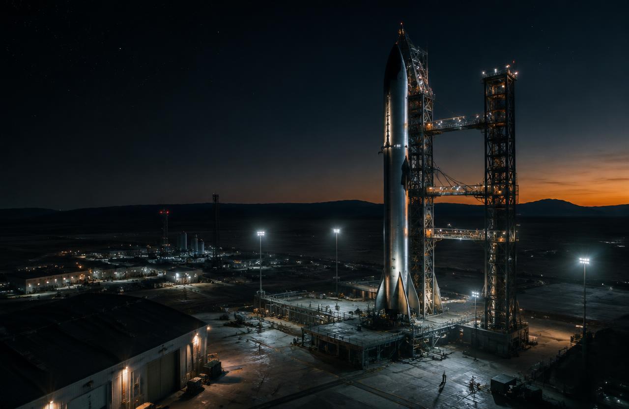 Rocket on a launch pad at a spaceport at night